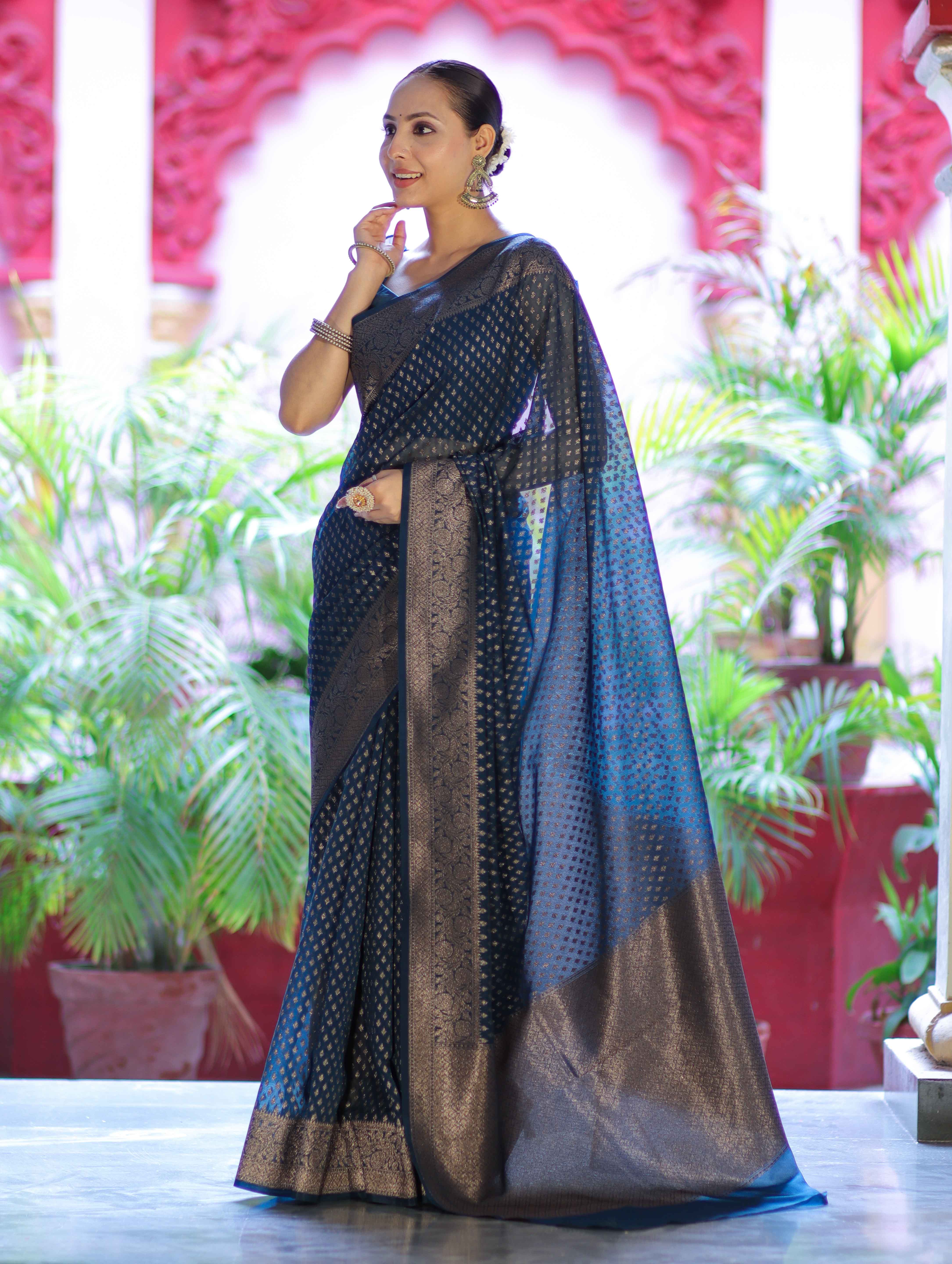 Banarasee Semi-Chiffon Saree With Antique Gold Zari Work-Teal Blue