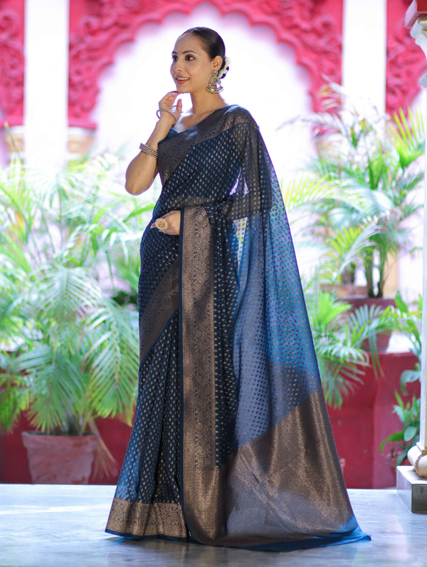 Banarasee Semi-Chiffon Saree With Antique Gold Zari Work-Teal Blue