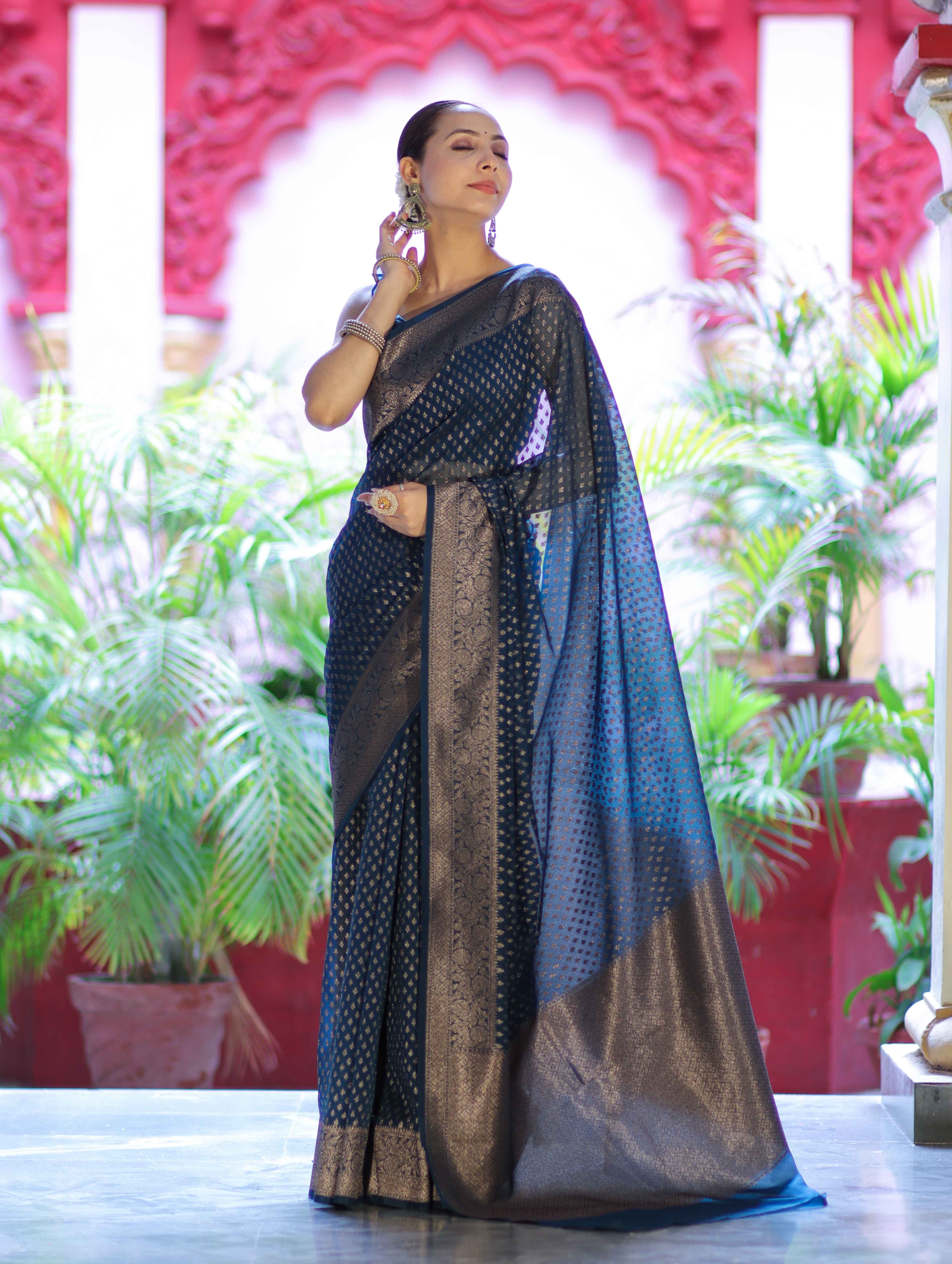 Banarasee Semi-Chiffon Saree With Antique Gold Zari Work-Teal Blue