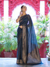 Banarasee Semi-Chiffon Saree With Antique Gold Zari Work-Teal Blue