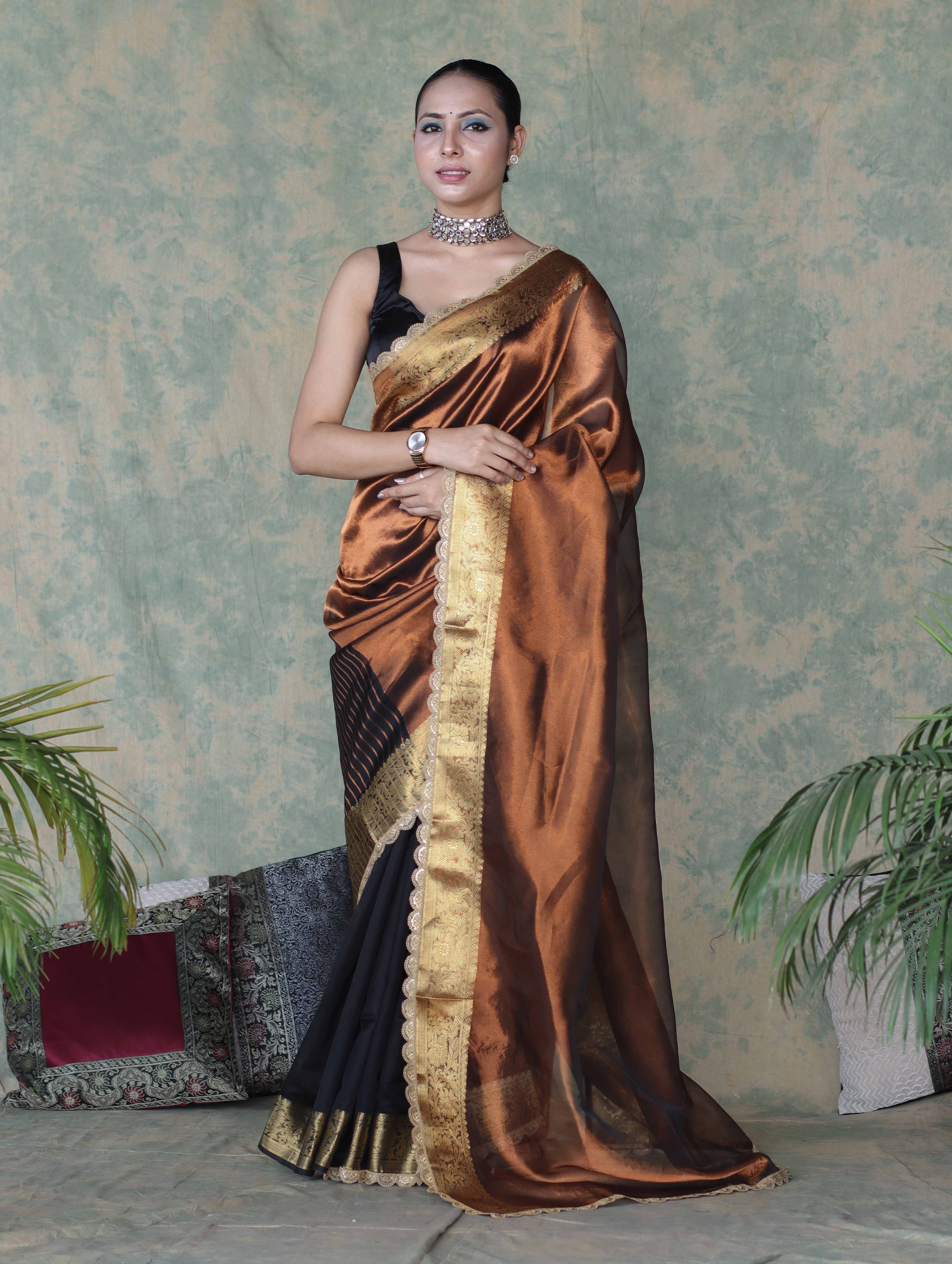 Banarasee Handwoven Dual Color Tissue Saree With Gold Zari Border & Lace-Brown & Black