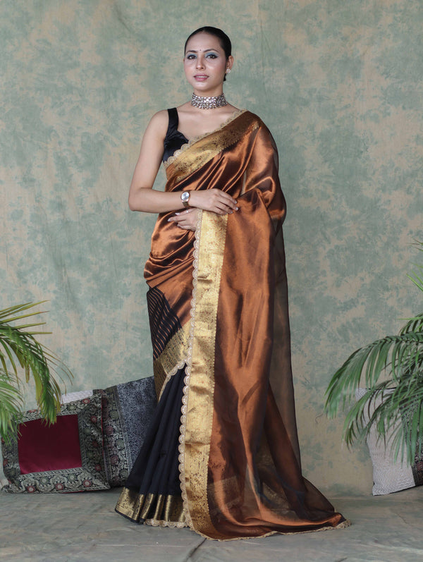 Banarasee Handwoven Dual Color Tissue Saree With Gold Zari Border & Lace-Brown & Black