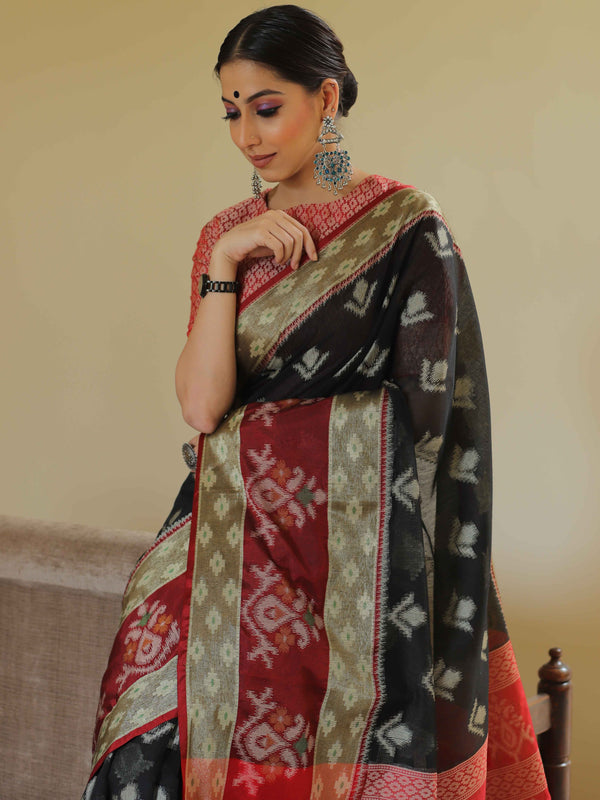 Banarasee Cotton Silk Floral Buta Ikkat Weaving Saree-Black