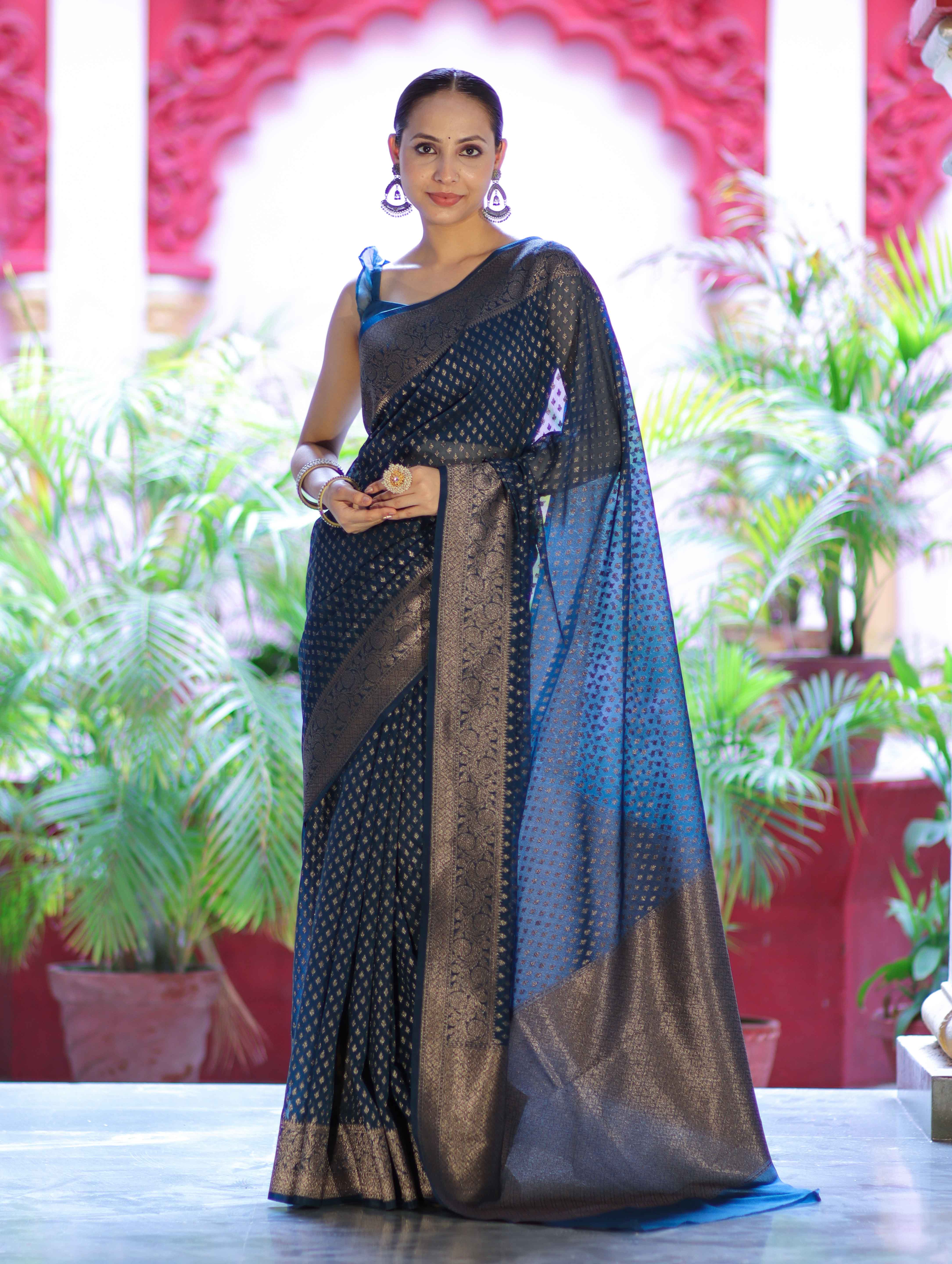 Banarasee Semi-Chiffon Saree With Antique Gold Zari Work-Teal Blue