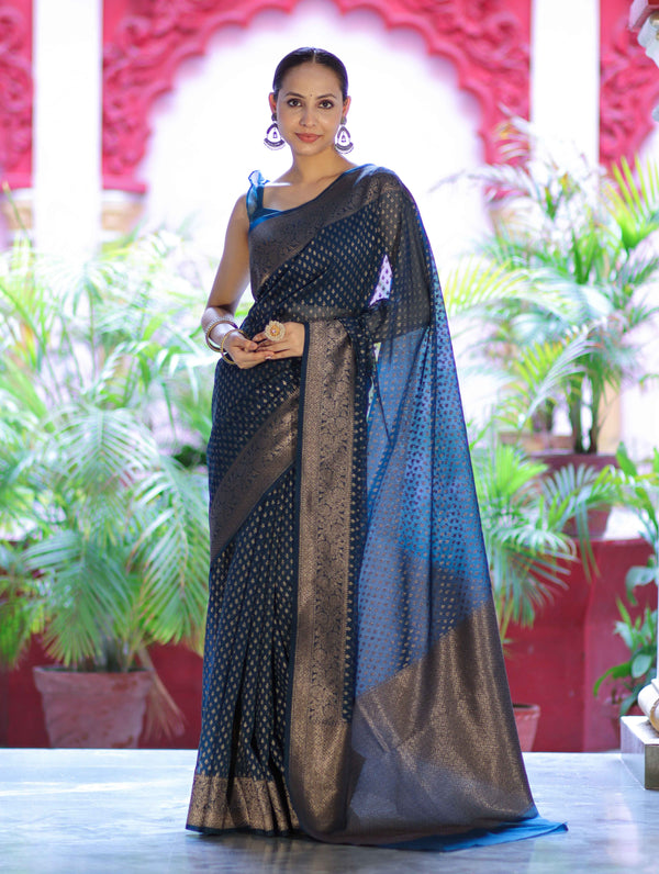Banarasee Semi-Chiffon Saree With Antique Gold Zari Work-Teal Blue