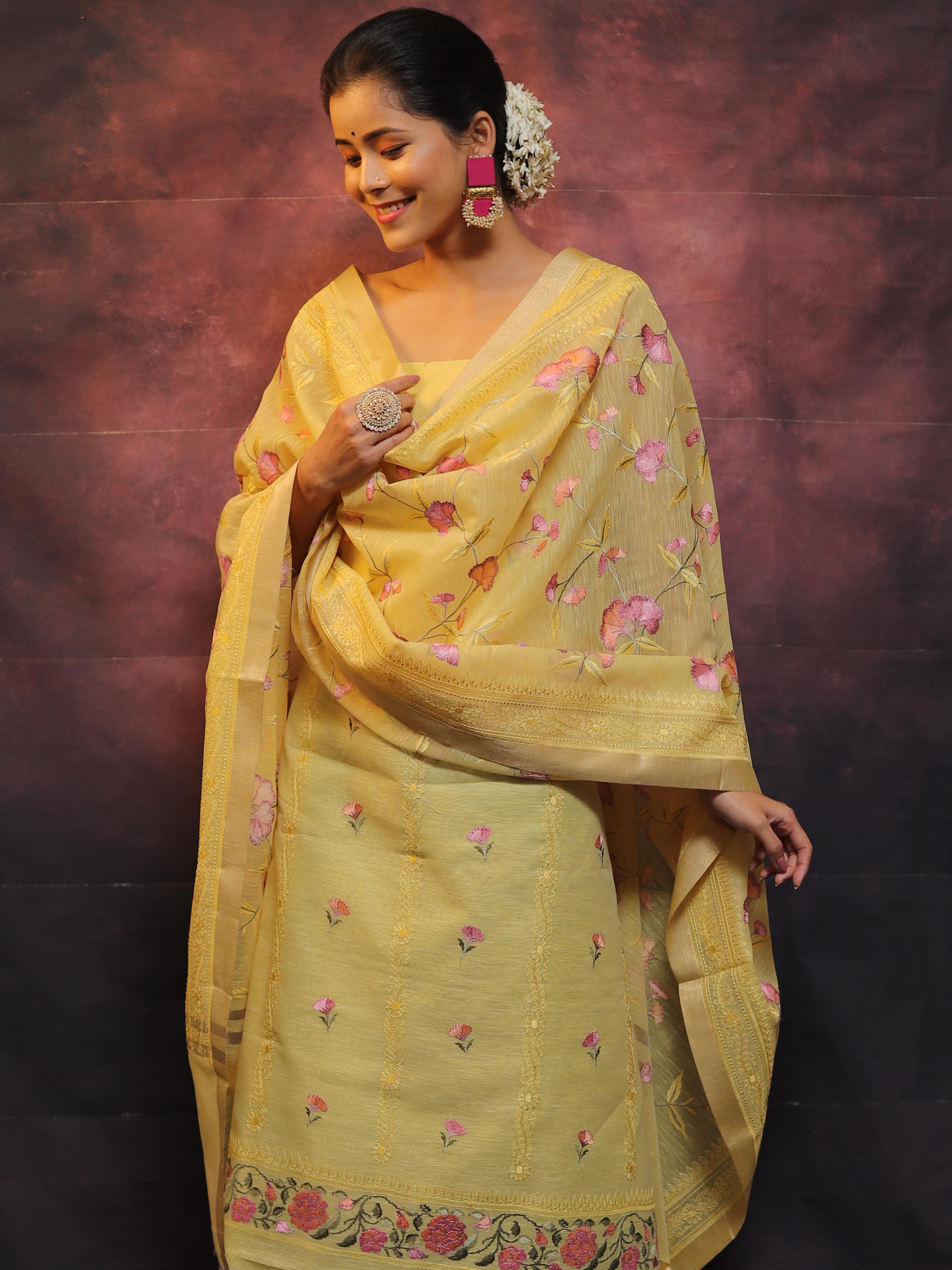 Banarasee Embroidered Linen Cotton Salwar Kameez With Dupatta-Yellow