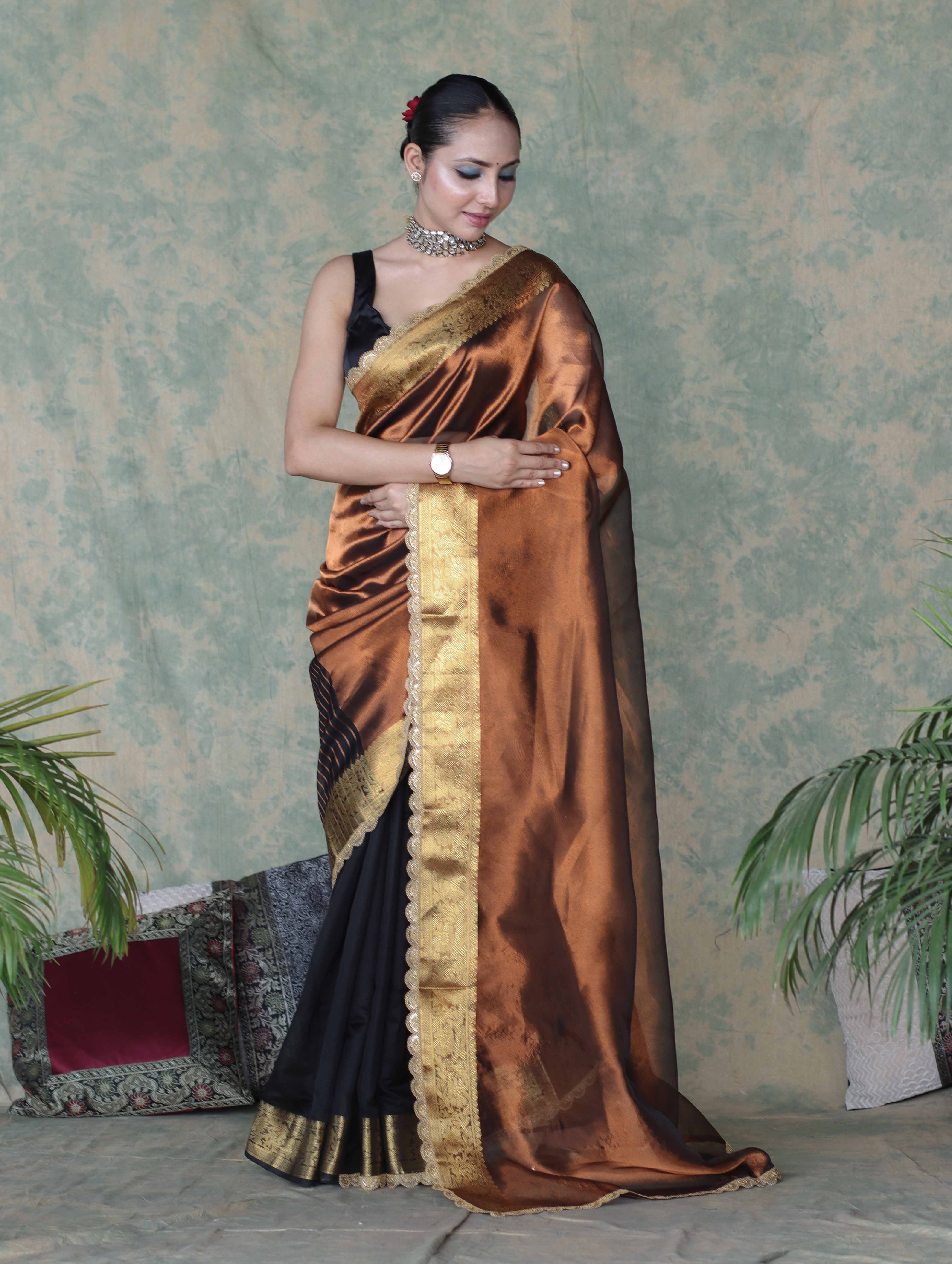 Banarasee Handwoven Dual Color Tissue Saree With Gold Zari Border & Lace-Brown & Black