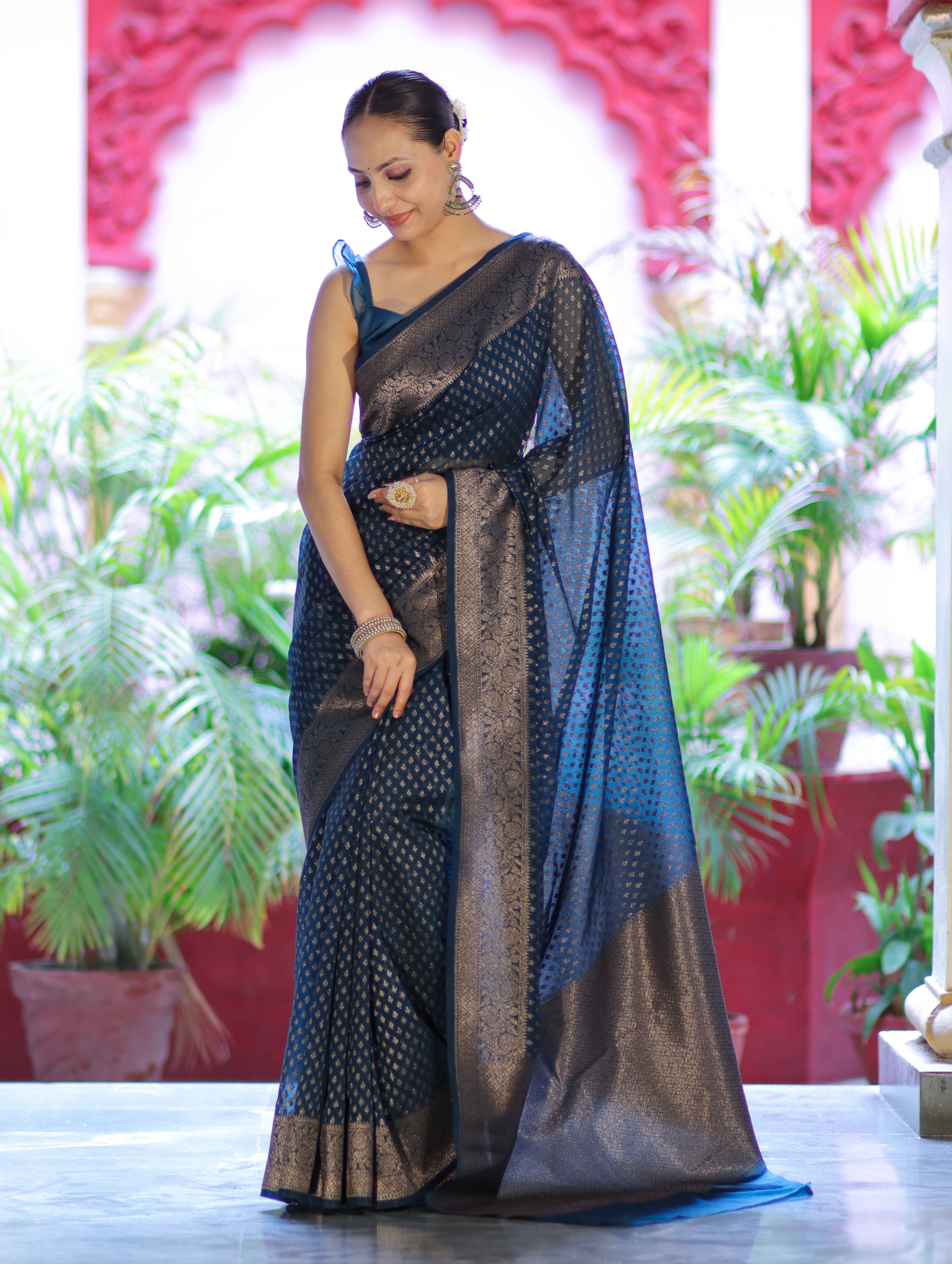 Banarasee Semi-Chiffon Saree With Antique Gold Zari Work-Teal Blue