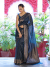 Banarasee Semi-Chiffon Saree With Antique Gold Zari Work-Teal Blue