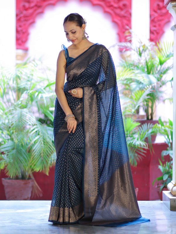 Banarasee Semi-Chiffon Saree With Antique Gold Zari Work-Teal Blue