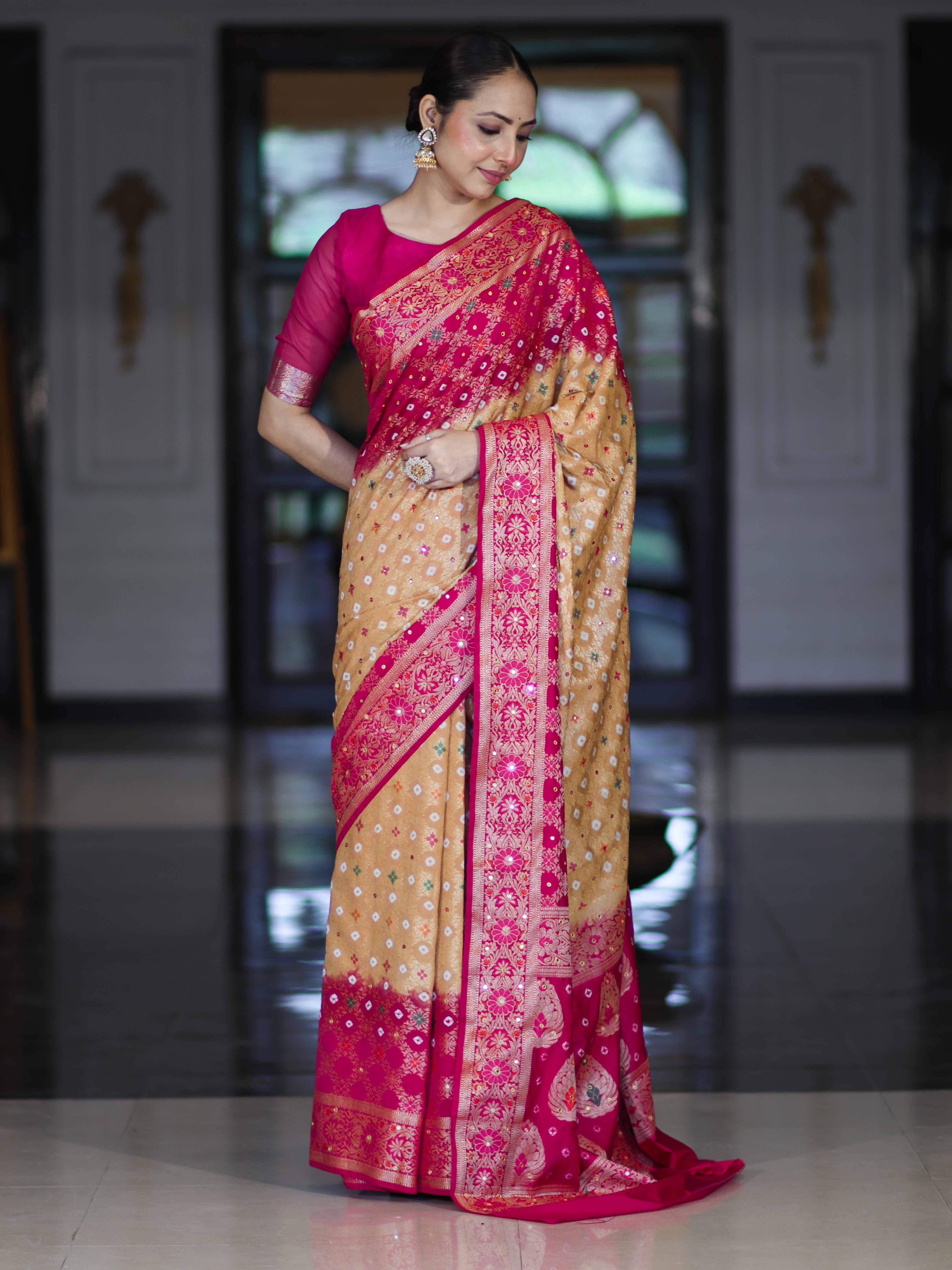 Banarasee Handloom Semi Silk Bandhej Saree With Zari Jaal Design Mirror Work & Floral Border-Yellow & Pink