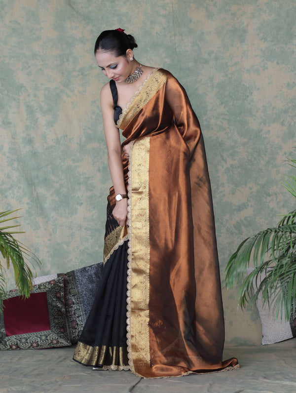 Banarasee Handwoven Dual Color Tissue Saree With Gold Zari Border & Lace-Brown & Black
