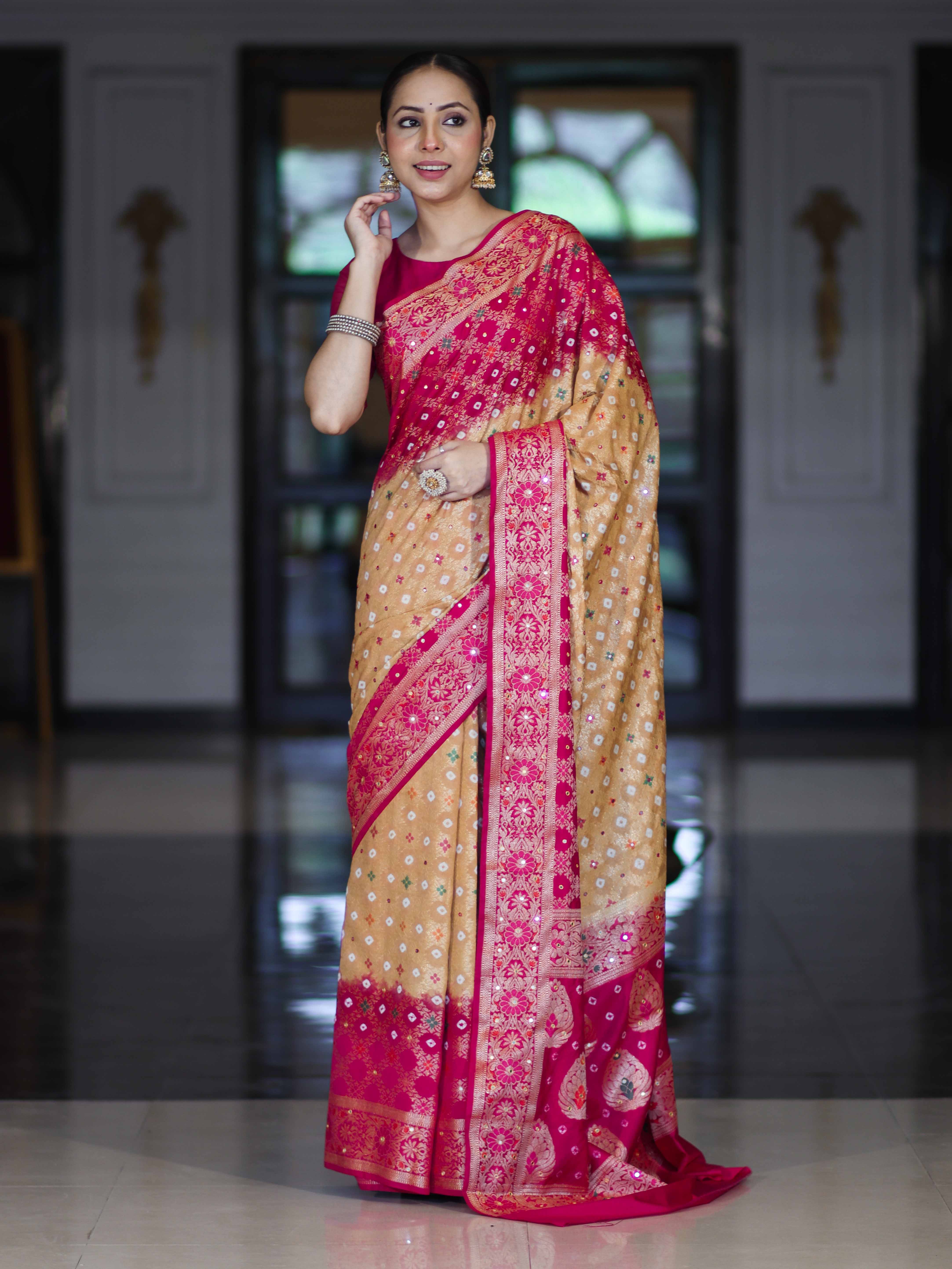 Banarasee Handloom Semi Silk Bandhej Saree With Zari Jaal Design Mirror Work & Floral Border-Yellow & Pink