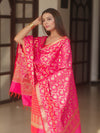 Banarasee Zari Work Semi Katan Salwar Kameez Fabric With Dupatta-Pink