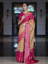 Banarasee Handloom Semi Silk Bandhej Saree With Zari Jaal Design Mirror Work & Floral Border-Yellow & Pink