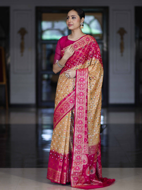 Banarasee Handloom Semi Silk Bandhej Saree With Zari Jaal Design Mirror Work & Floral Border-Yellow & Pink