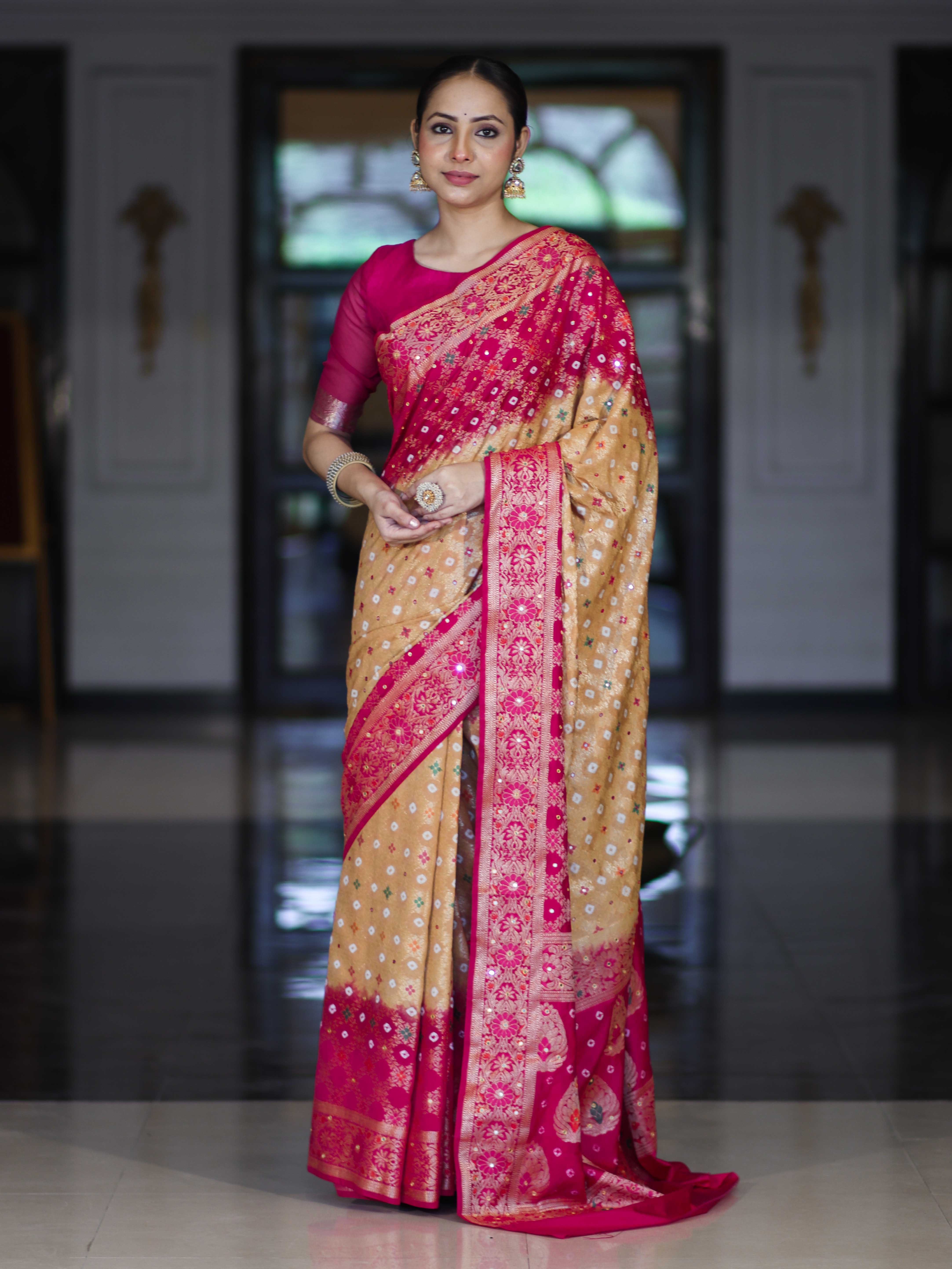 Banarasee Handloom Semi Silk Bandhej Saree With Zari Jaal Design Mirror Work & Floral Border-Yellow & Pink