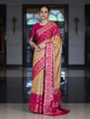 Banarasee Handloom Semi Silk Bandhej Saree With Zari Jaal Design Mirror Work & Floral Border-Yellow & Pink