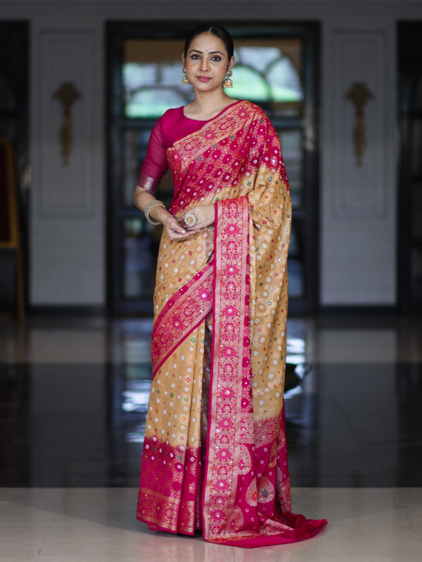 Banarasee Handloom Semi Silk Bandhej Saree With Zari Jaal Design Mirror Work & Floral Border-Yellow & Pink