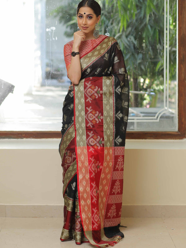 Banarasee Cotton Silk Floral Buta Ikkat Weaving Saree-Black