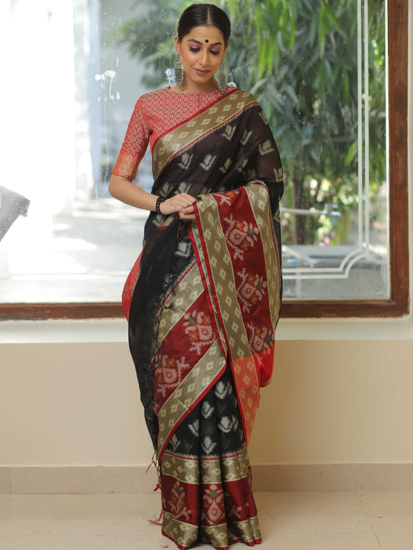 Banarasee Cotton Silk Floral Buta Ikkat Weaving Saree-Black