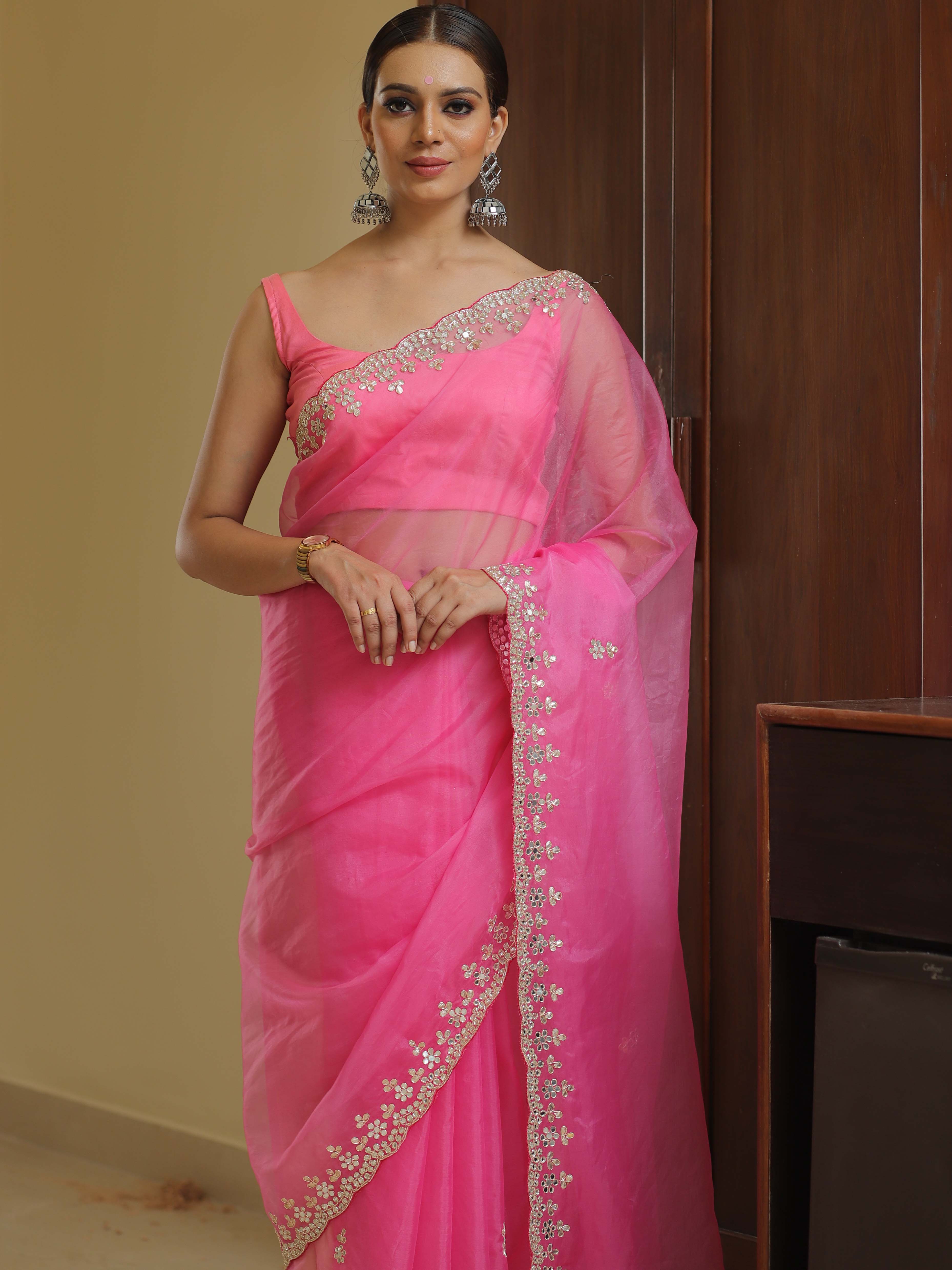 Banarasee Organza Silk Scallop Border Saree-Neon Pink