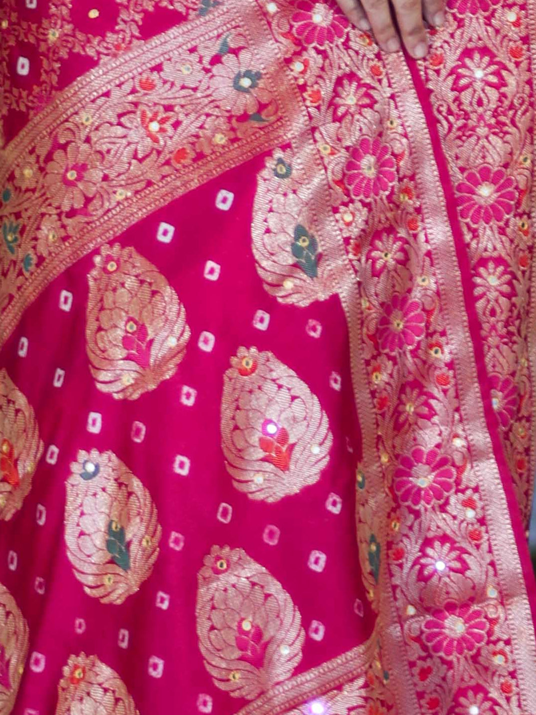 Banarasee Handloom Semi Silk Bandhej Saree With Zari Jaal Design Mirror Work & Floral Border-Yellow & Pink