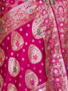Banarasee Handloom Semi Silk Bandhej Saree With Zari Jaal Design Mirror Work & Floral Border-Yellow & Pink
