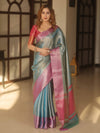 Banarasee Handwoven Tissue Zari Saree With Contrast Border-Blue & Pink
