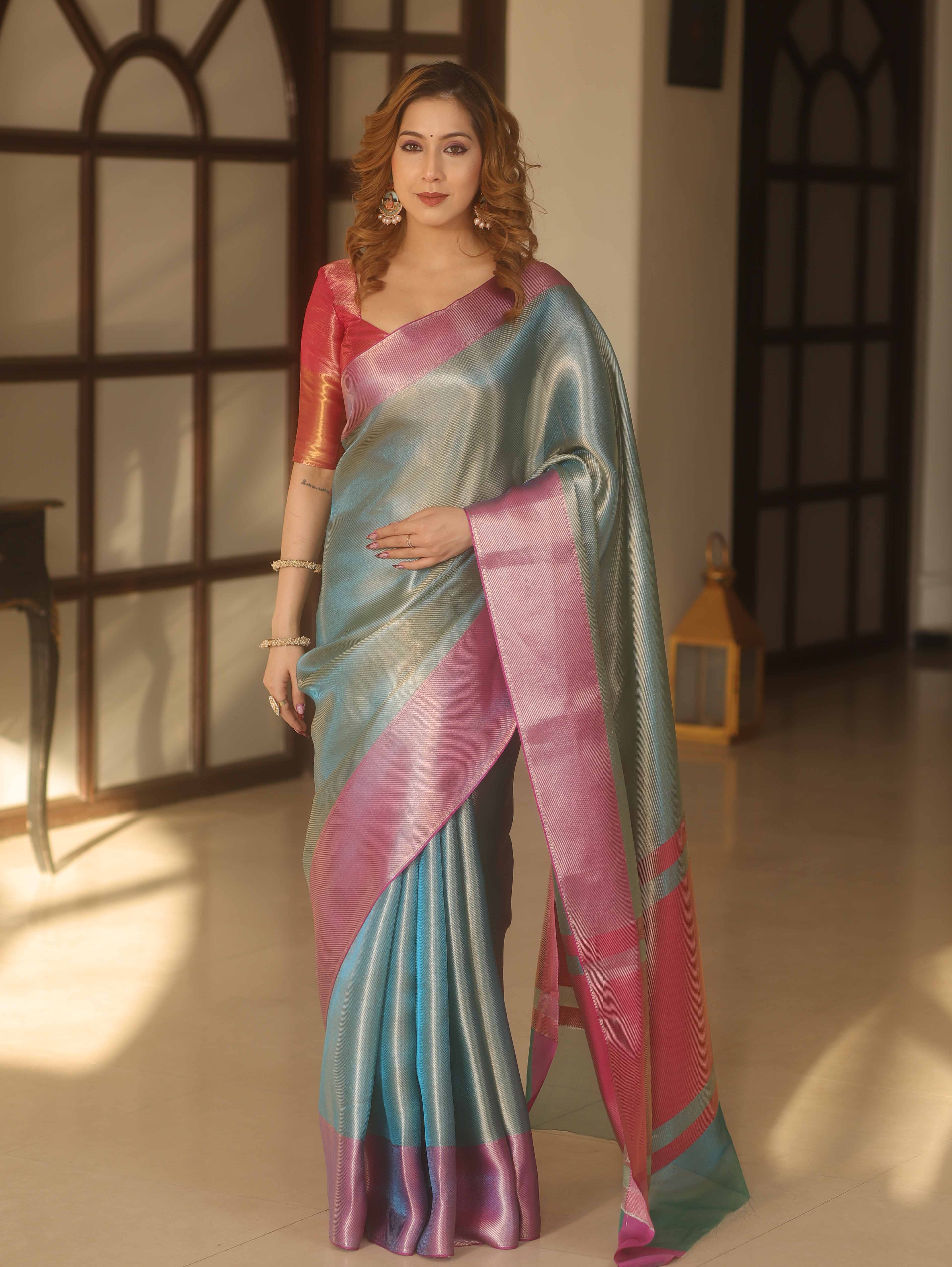 Banarasee Handwoven Tissue Zari Saree With Contrast Border-Blue & Pink