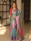Banarasee Handwoven Tissue Zari Saree With Contrast Border-Blue & Pink