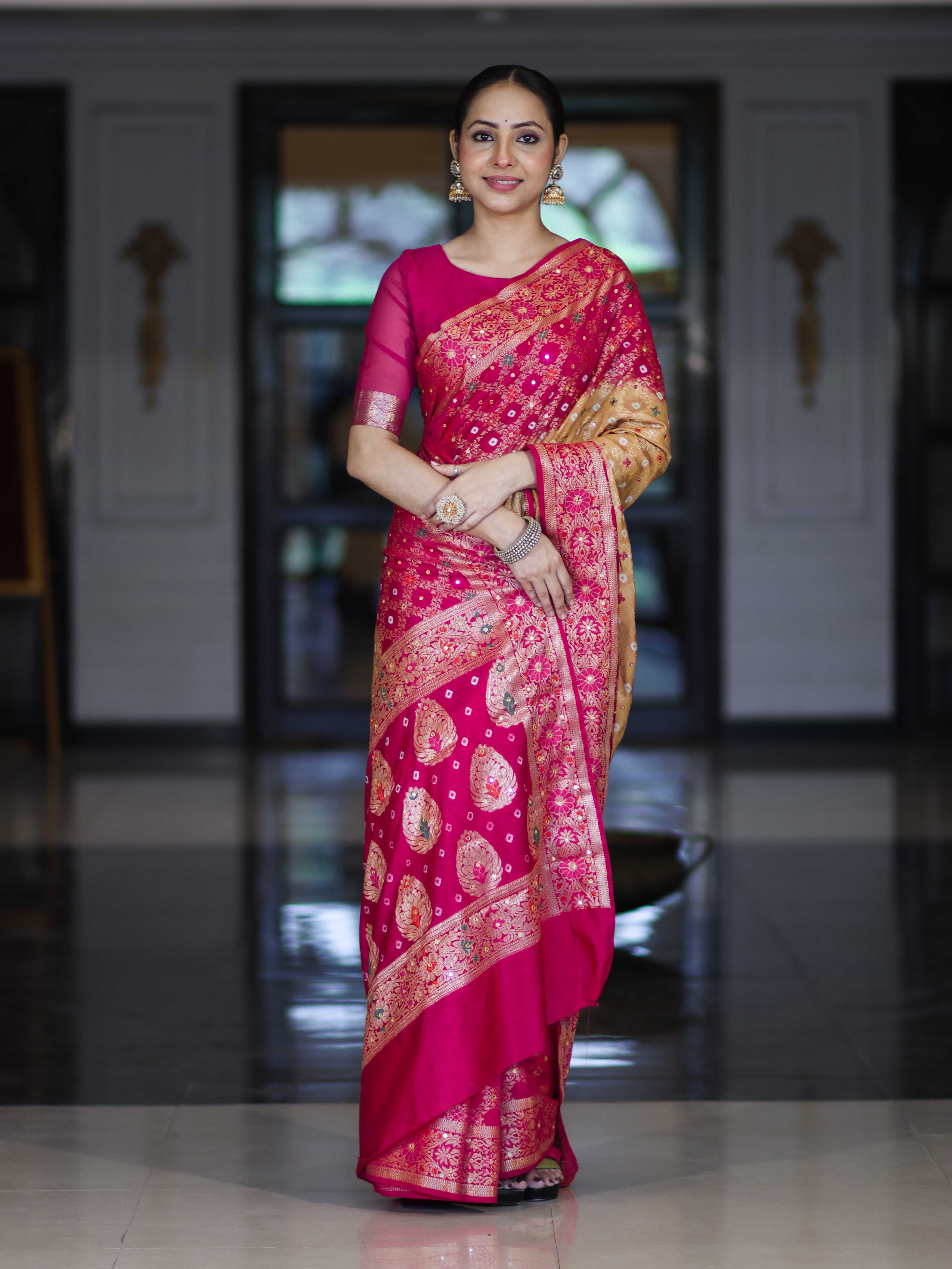 Banarasee Handloom Semi Silk Bandhej Saree With Zari Jaal Design Mirror Work & Floral Border-Yellow & Pink