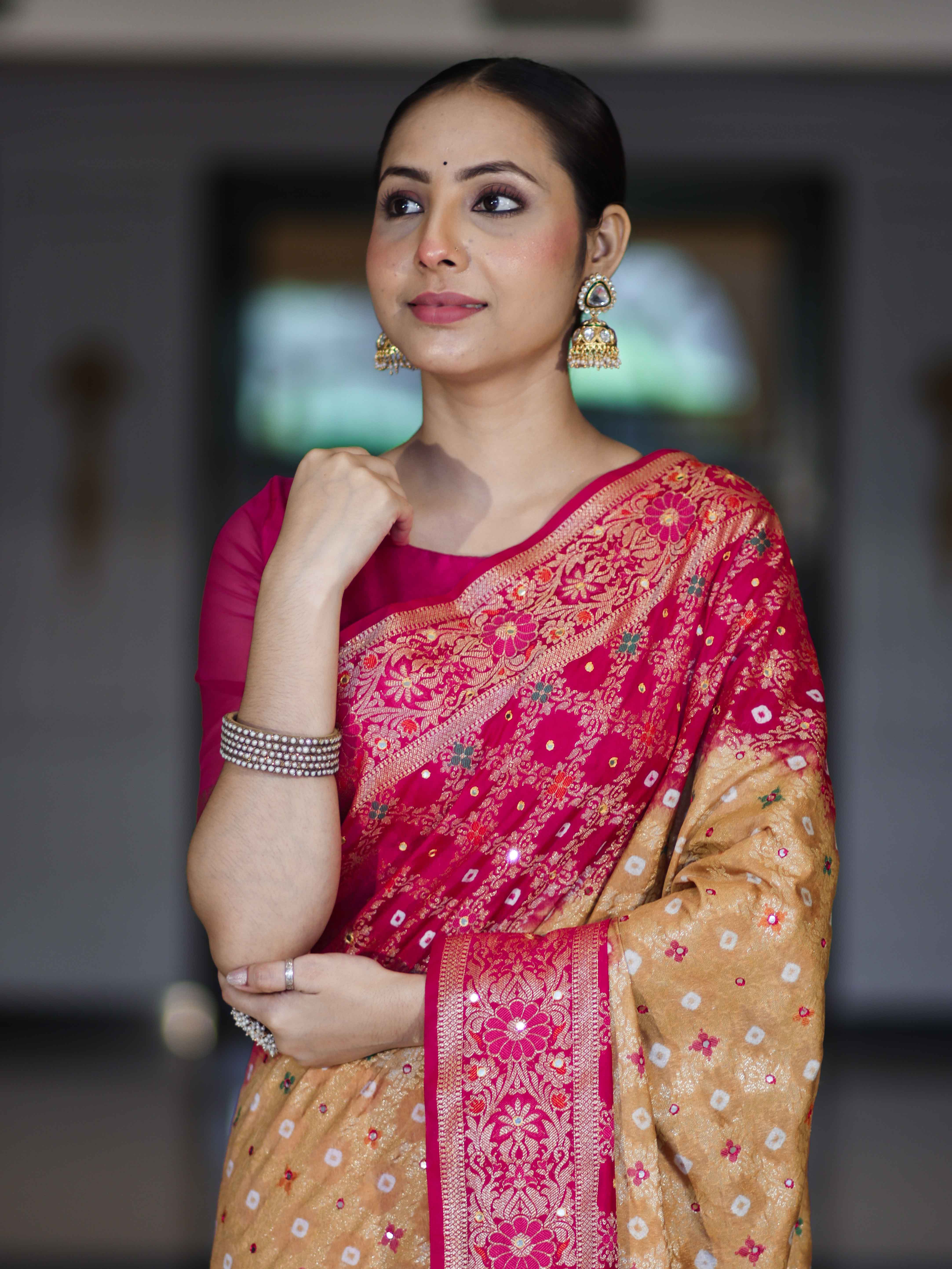 Banarasee Handloom Semi Silk Bandhej Saree With Zari Jaal Design Mirror Work & Floral Border-Yellow & Pink
