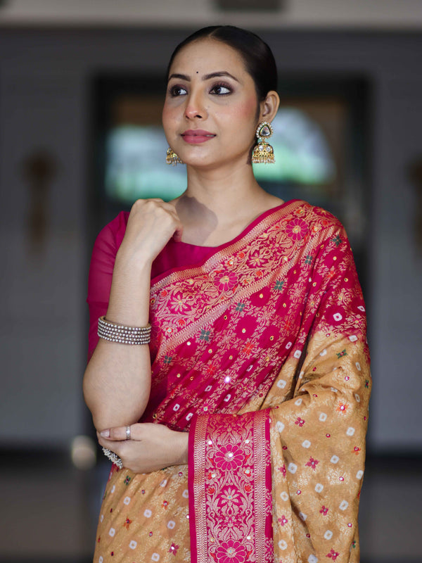 Banarasee Handloom Semi Silk Bandhej Saree With Zari Jaal Design Mirror Work & Floral Border-Yellow & Pink
