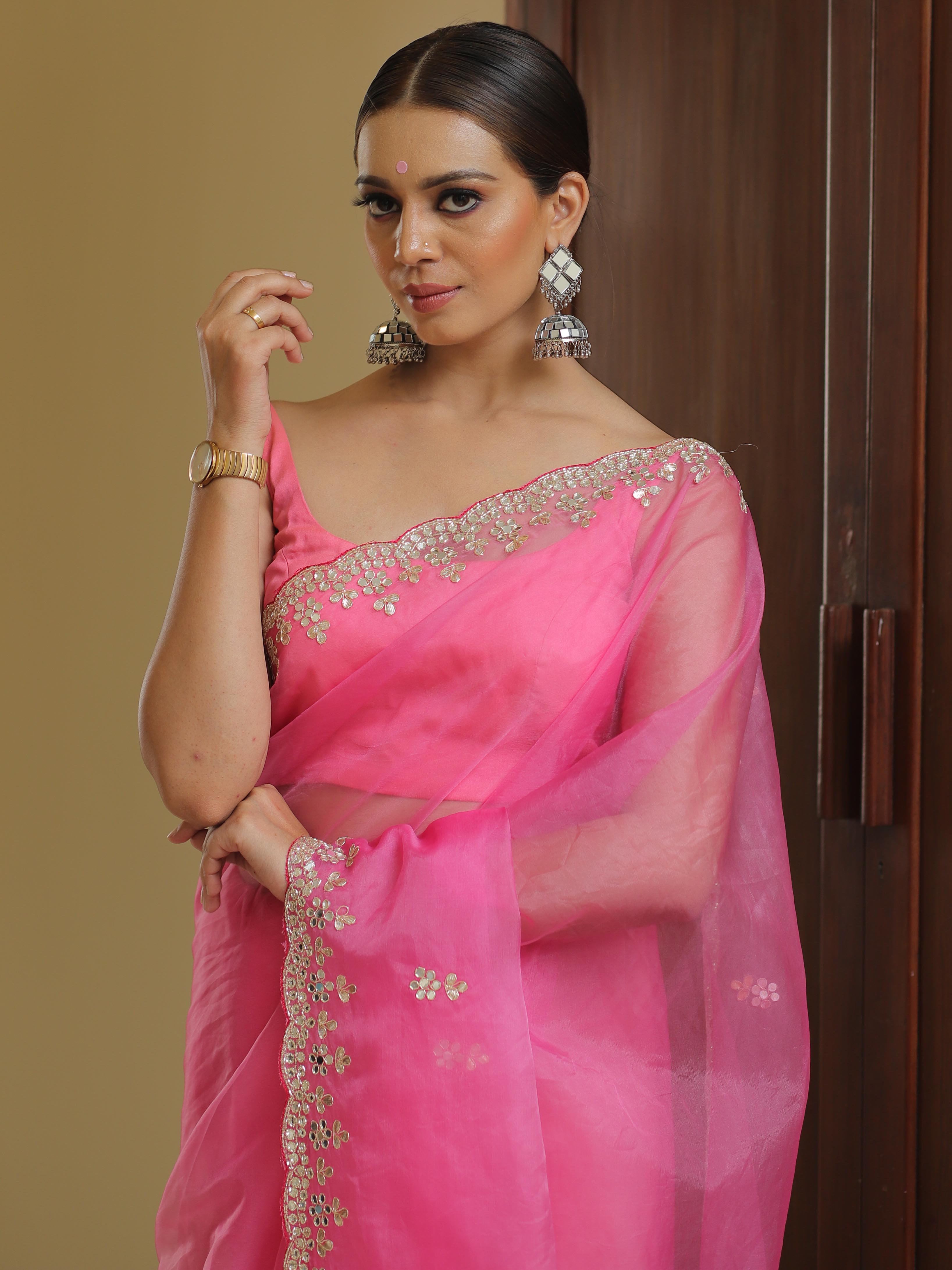 Banarasee Organza Silk Scallop Border Saree-Neon Pink