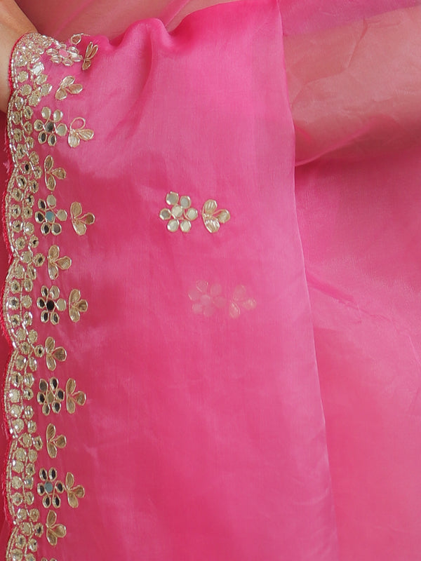 Banarasee Organza Silk Scallop Border Saree-Neon Pink
