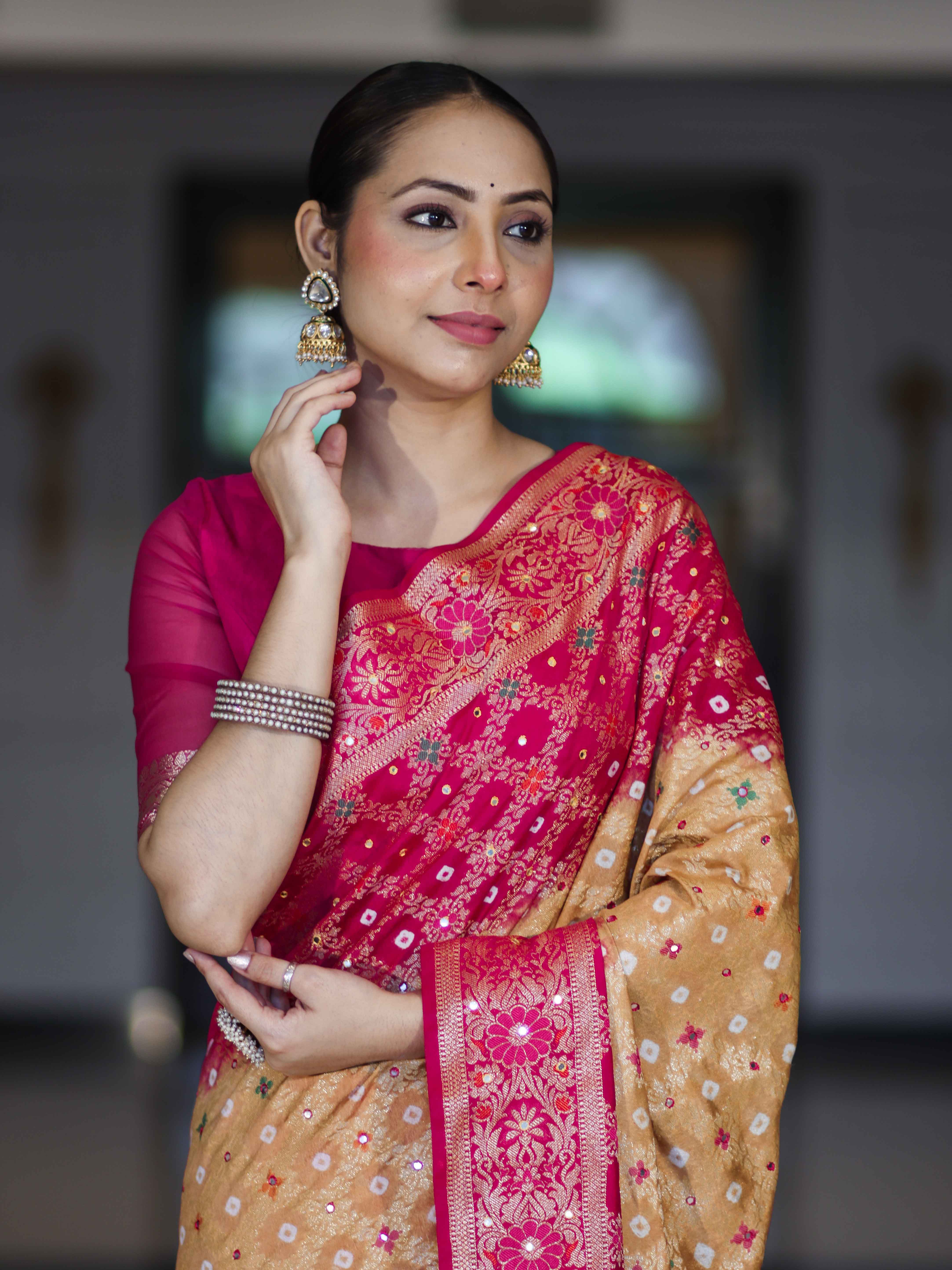 Banarasee Handloom Semi Silk Bandhej Saree With Zari Jaal Design Mirror Work & Floral Border-Yellow & Pink