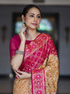 Banarasee Handloom Semi Silk Bandhej Saree With Zari Jaal Design Mirror Work & Floral Border-Yellow & Pink
