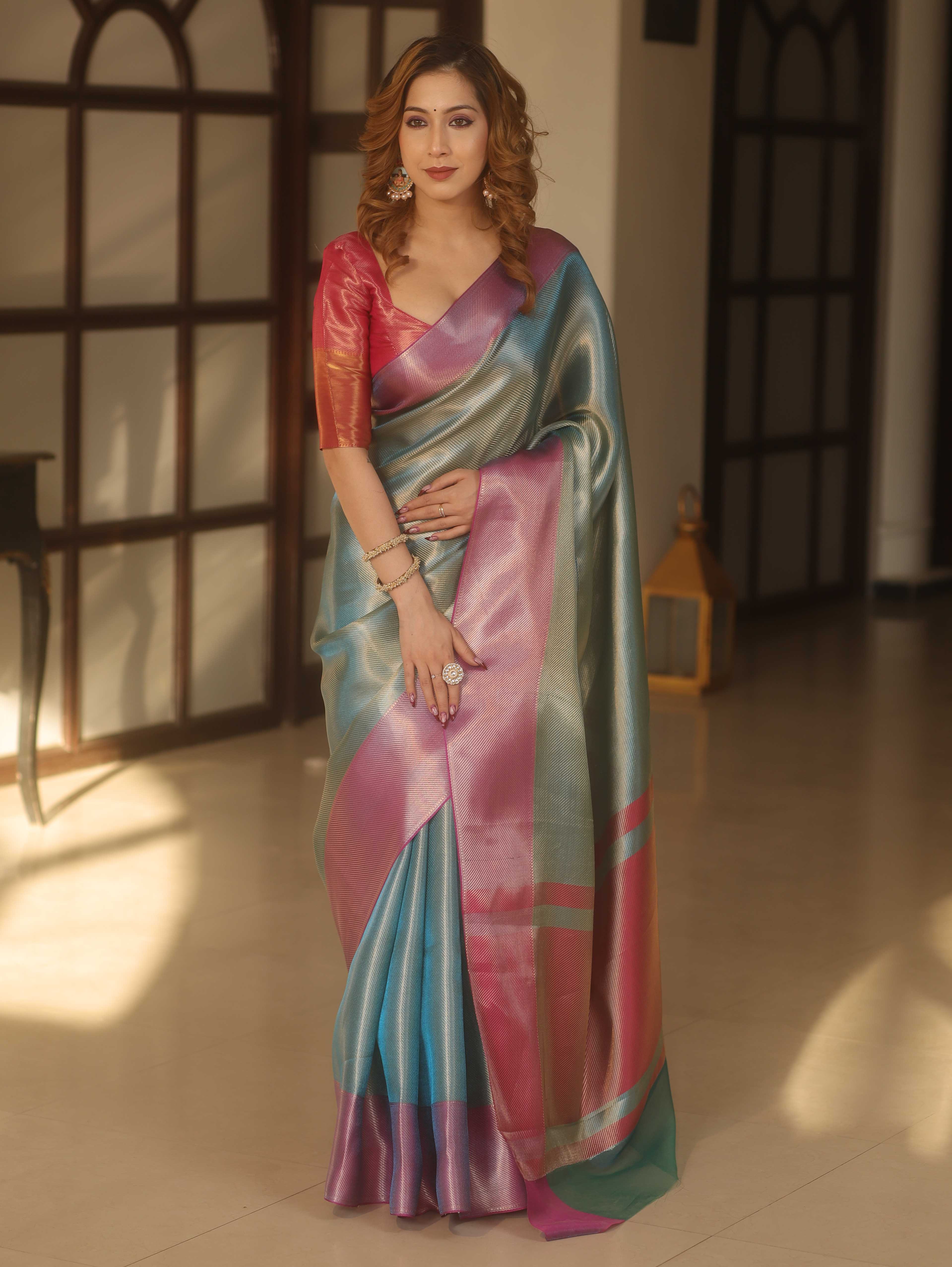 Banarasee Handwoven Tissue Zari Saree With Contrast Border-Blue & Pink