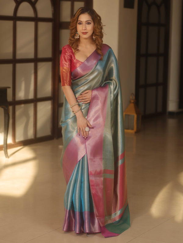 Banarasee Handwoven Tissue Zari Saree With Contrast Border-Blue & Pink