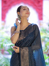 Banarasee Semi-Chiffon Saree With Antique Gold Zari Work-Teal Blue
