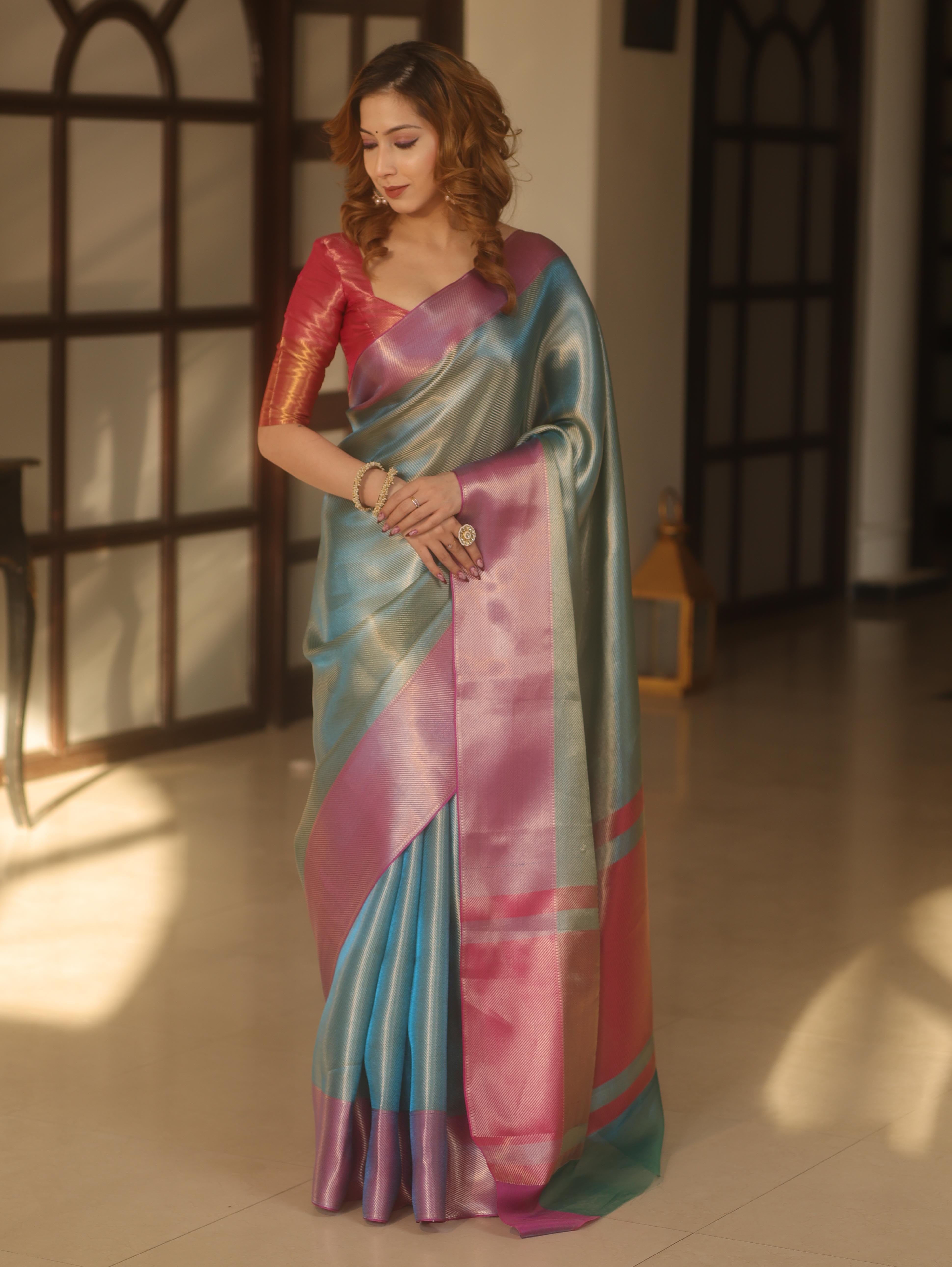 Banarasee Handwoven Tissue Zari Saree With Contrast Border-Blue & Pink