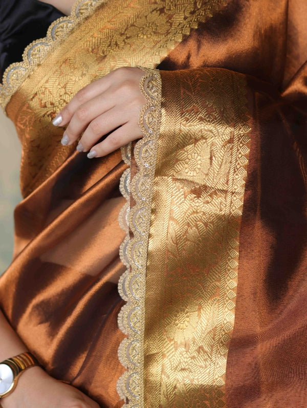 Banarasee Handwoven Dual Color Tissue Saree With Gold Zari Border & Lace-Brown & Black