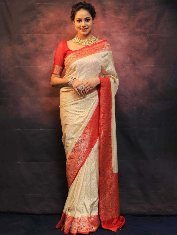 Banarasee Semi-Katan Zari Buta Saree-Cream & Red