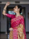 Banarasee Handloom Semi Silk Bandhej Saree With Zari Jaal Design Mirror Work & Floral Border-Yellow & Pink