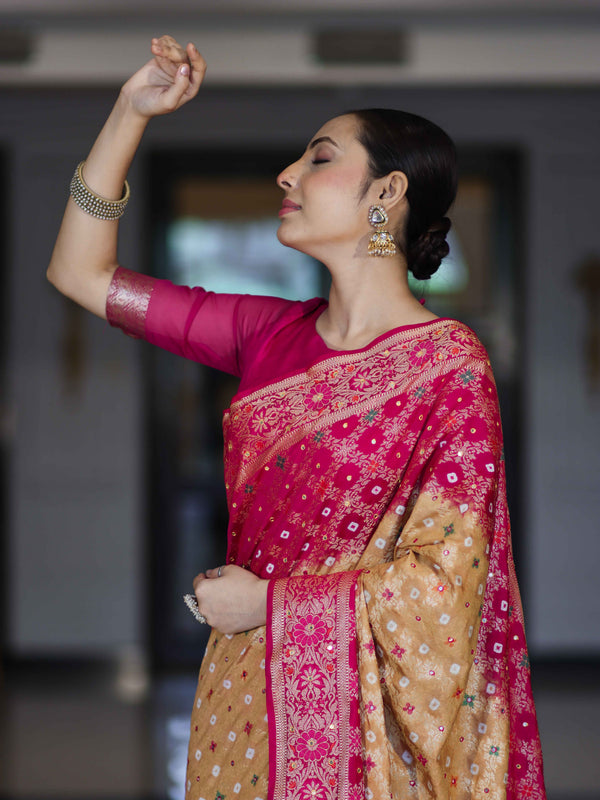Banarasee Handloom Semi Silk Bandhej Saree With Zari Jaal Design Mirror Work & Floral Border-Yellow & Pink