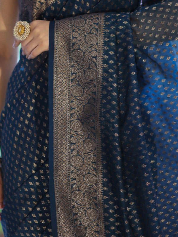 Banarasee Semi-Chiffon Saree With Antique Gold Zari Work-Teal Blue
