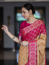 Banarasee Handloom Semi Silk Bandhej Saree With Zari Jaal Design Mirror Work & Floral Border-Yellow & Pink