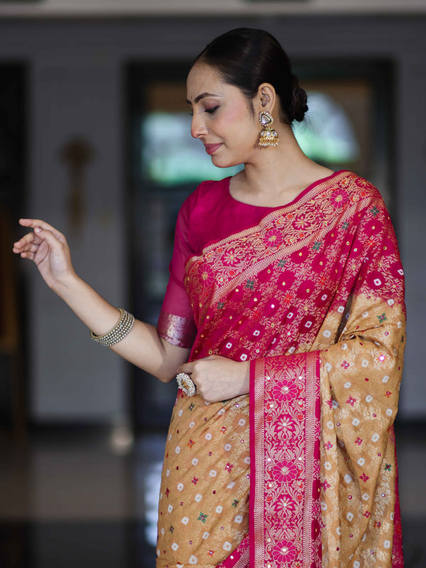 Banarasee Handloom Semi Silk Bandhej Saree With Zari Jaal Design Mirror Work & Floral Border-Yellow & Pink