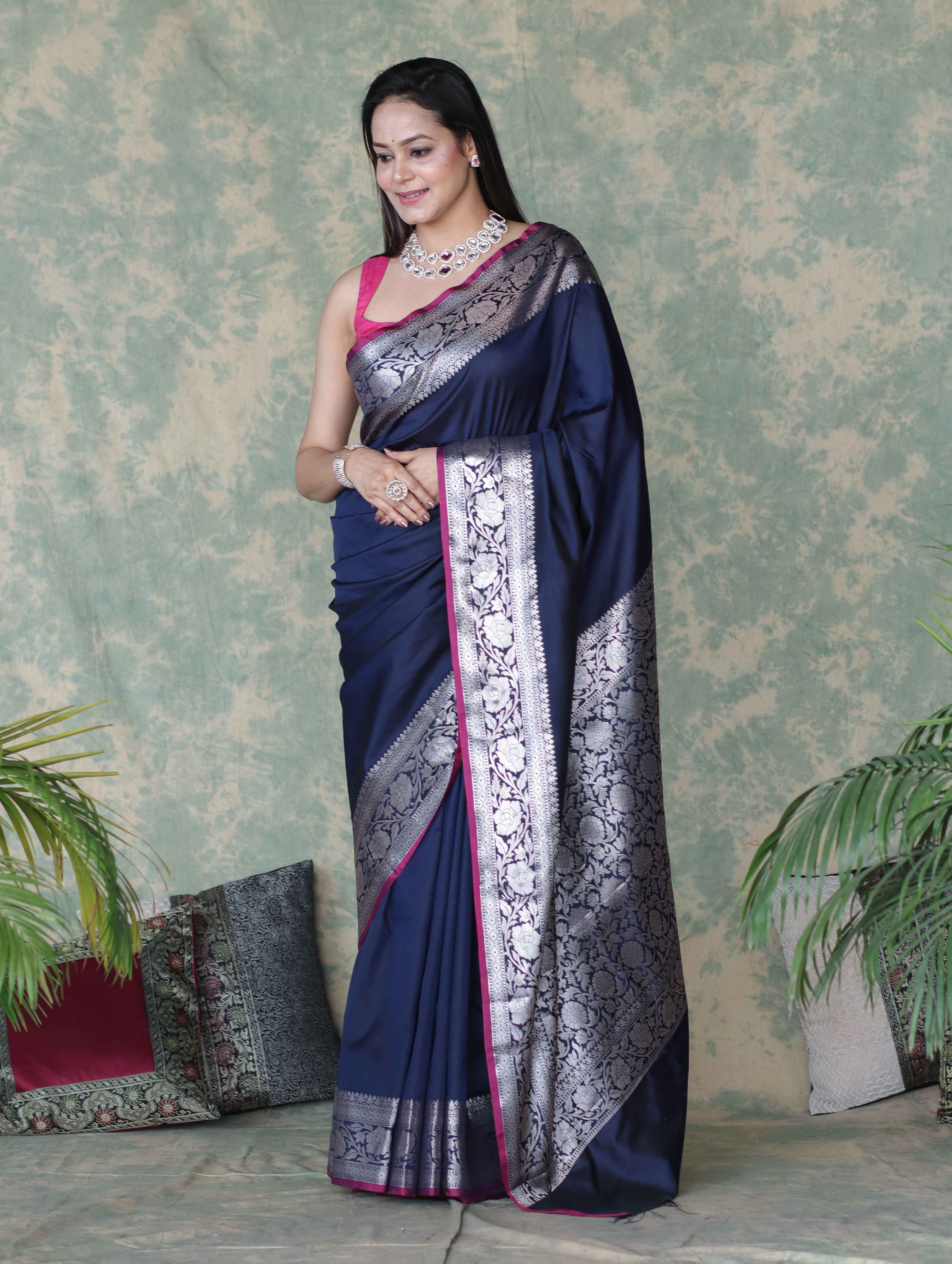 Banarasee Handloom Semi Silk Plain Saree With Silver Zari Floral Border-Navy Blue